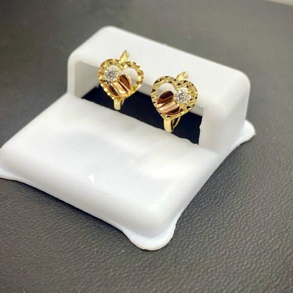 Heart CZ Two Tone Huggies Hoop Earrings for Womens Girls 14K Yellow Gold 11x11mm